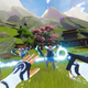 A first person screenshot of a player shooting magic at nearby purple enemies.